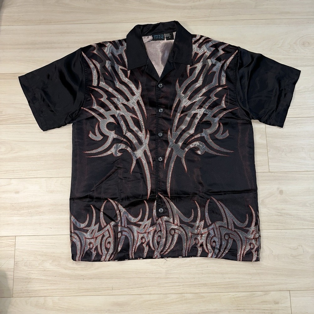 Men's MT:2 Tribal Flame Button Up Shirt‎ Gray Red Black Y2k Size XL Shiny Rayon